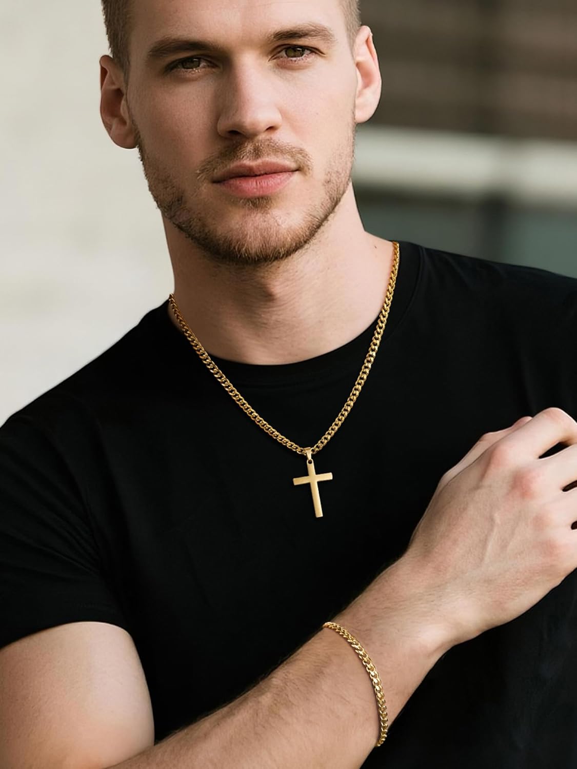 NORBU Stainless Steel Cross Necklace and Bracelet Set for Men, Cuban Link/Wheat/Figaro/Box Chains 20" Length, Bracelet 7 1/2" and 8" Length, No Tarnish & Durable Mens Religious Gift - Image 4