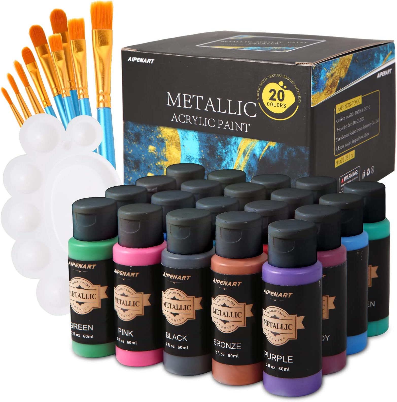 Metallic Acrylic Paint Set,Art Paints,With 10 Brushes and 1 Palette 20 Colors (60ml,2oz) Non Toxic Art Craft Paints for Adults