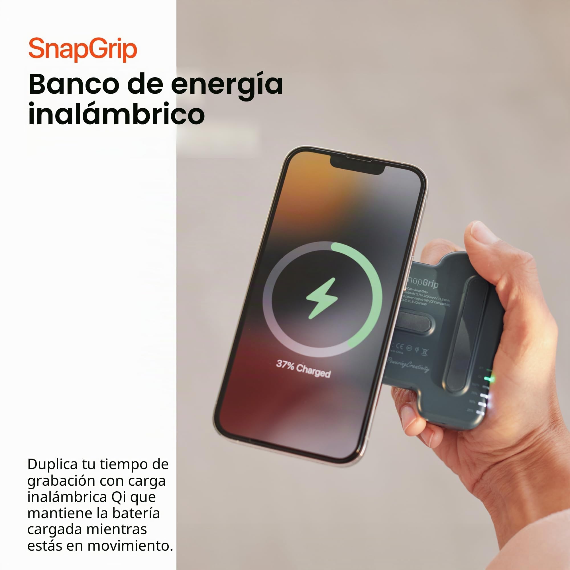 ShiftCam SnapGrip Agarre con batería para móvil y disparador inalámbrico, soporte magnético, se ajusta a cualquier teléfono, batería externa integrada con carga inalámbrica Qi, medianoche, SnapGrip