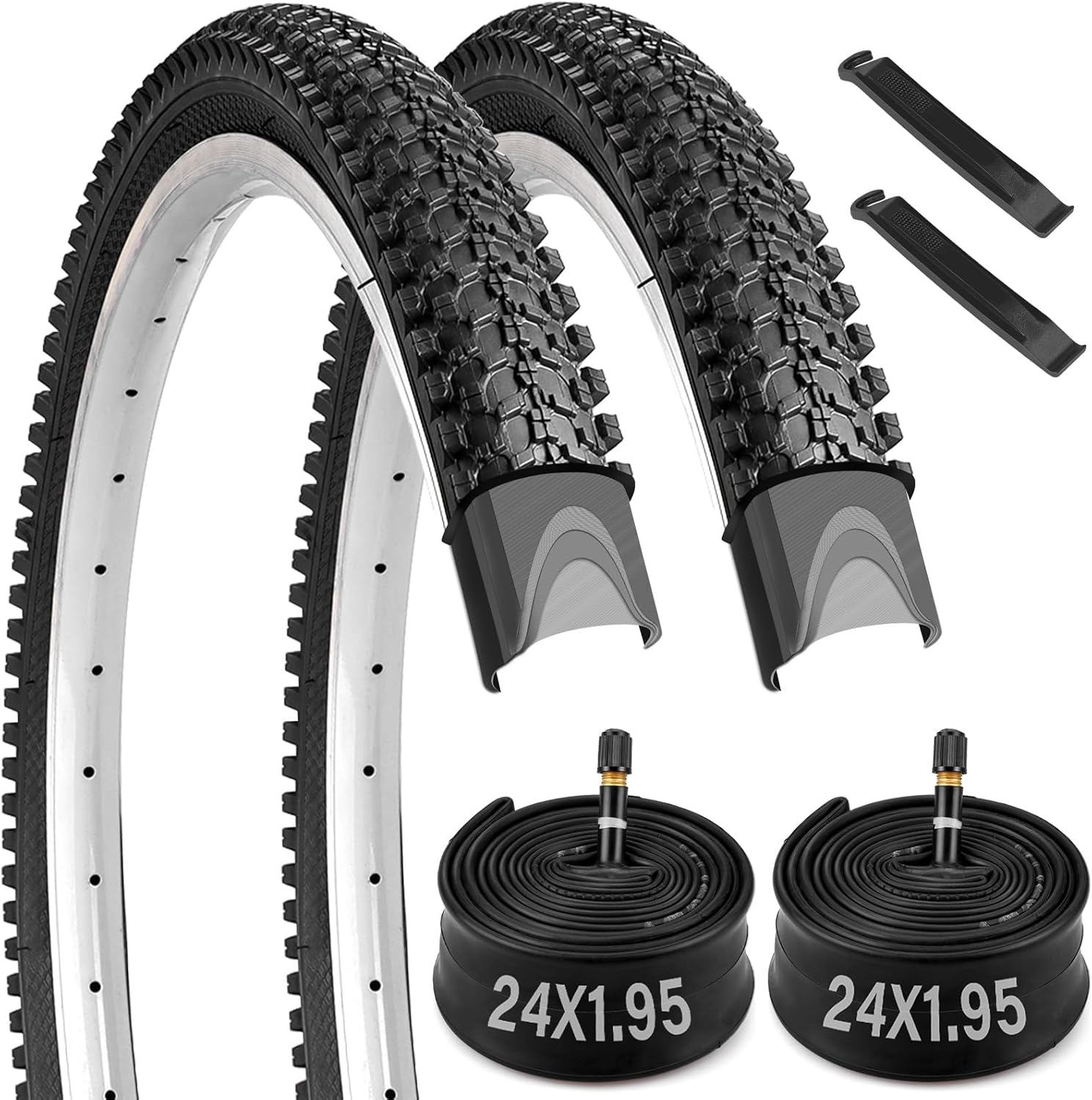 2 Pack 24x1.95 Bicycle Tire and Tube, 24 x 1.95 Mountain Bike Tire Set with Schrader Valve, 24 Inch Bike Tire with 2 Tire Levers, for 24 x 1.75/1.95/2.0/2.10/2.125" MTB, BMX, Off-Road Bike