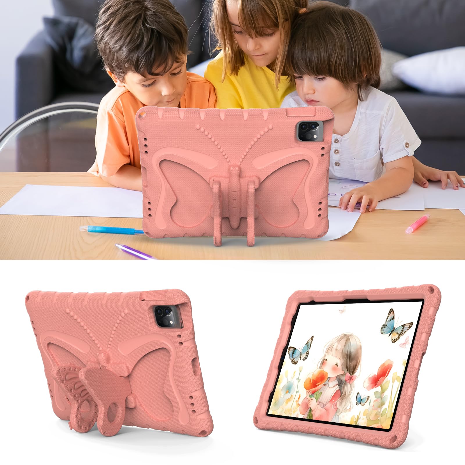 Custodia per bambini compatibile con iPad Air 11" (M3 2025 7th/M2 2024 6th), custodia leggera antiurto in schiuma EVA con tracolla e copertura di supporto per ragazzi e ragazze (rosa)