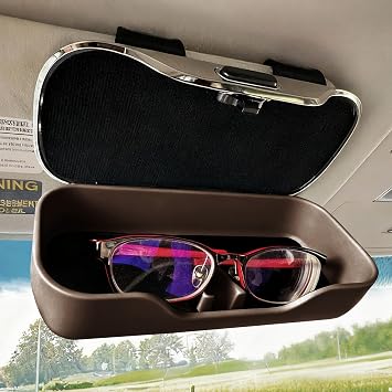 Sunglasses Holder for Car Visor, Car Glasses Box, Protective Automotive Eyeglasses Storage Case Hanger, Automotive Accessories Sun Visor Glasses Storage Box Fits Most Vehicles Brown