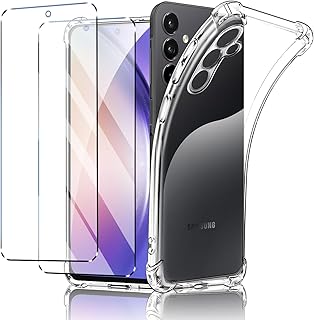 جراب حماية لموبايل سامسونج جالاكسي A55 شبكة الجيل الخامس 5G + طبقتين من شاشة الحماية الزجاج المقوى نيو اند تيك سيليكون ناعم البولي يوريثين الحراري ممتص للصدمات بزوايا معززة شفاف أخضر