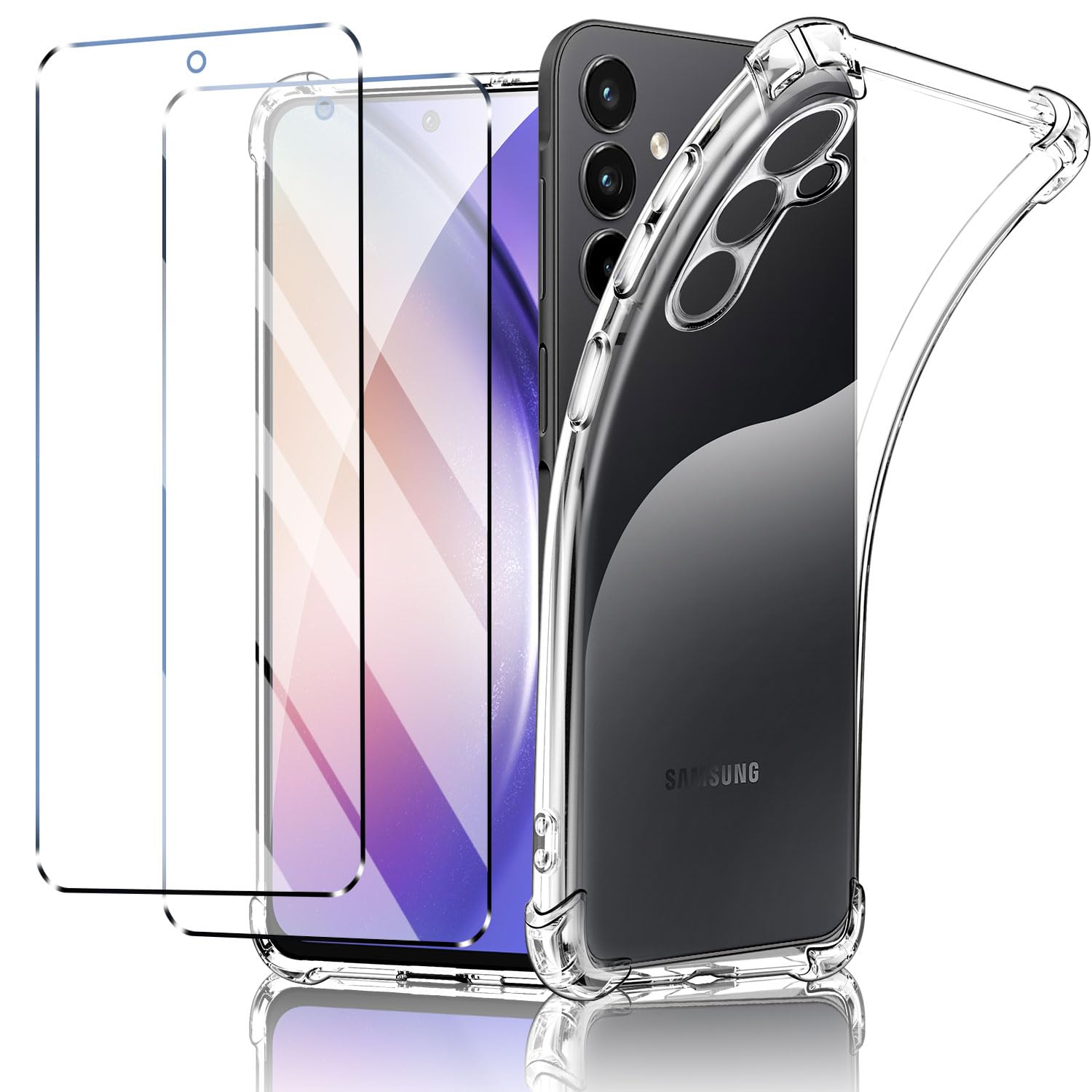 New&Teck Cover per Samsung Galaxy A55 5G + 2 vetro temperato protezione schermo, custodia in silicone TPU morbido, antiurto con angoli rinforzati, protezione chiara.