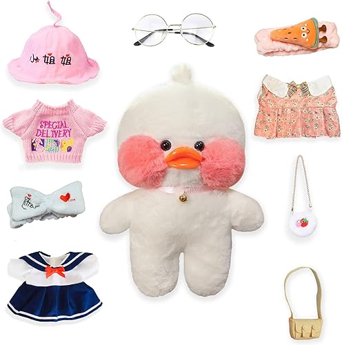 Lindo juego de juguetes de peluche de pato con 9 piezas de ropa de peluche, pato blanco con anteojos, regalos de pato Kawaii para niños