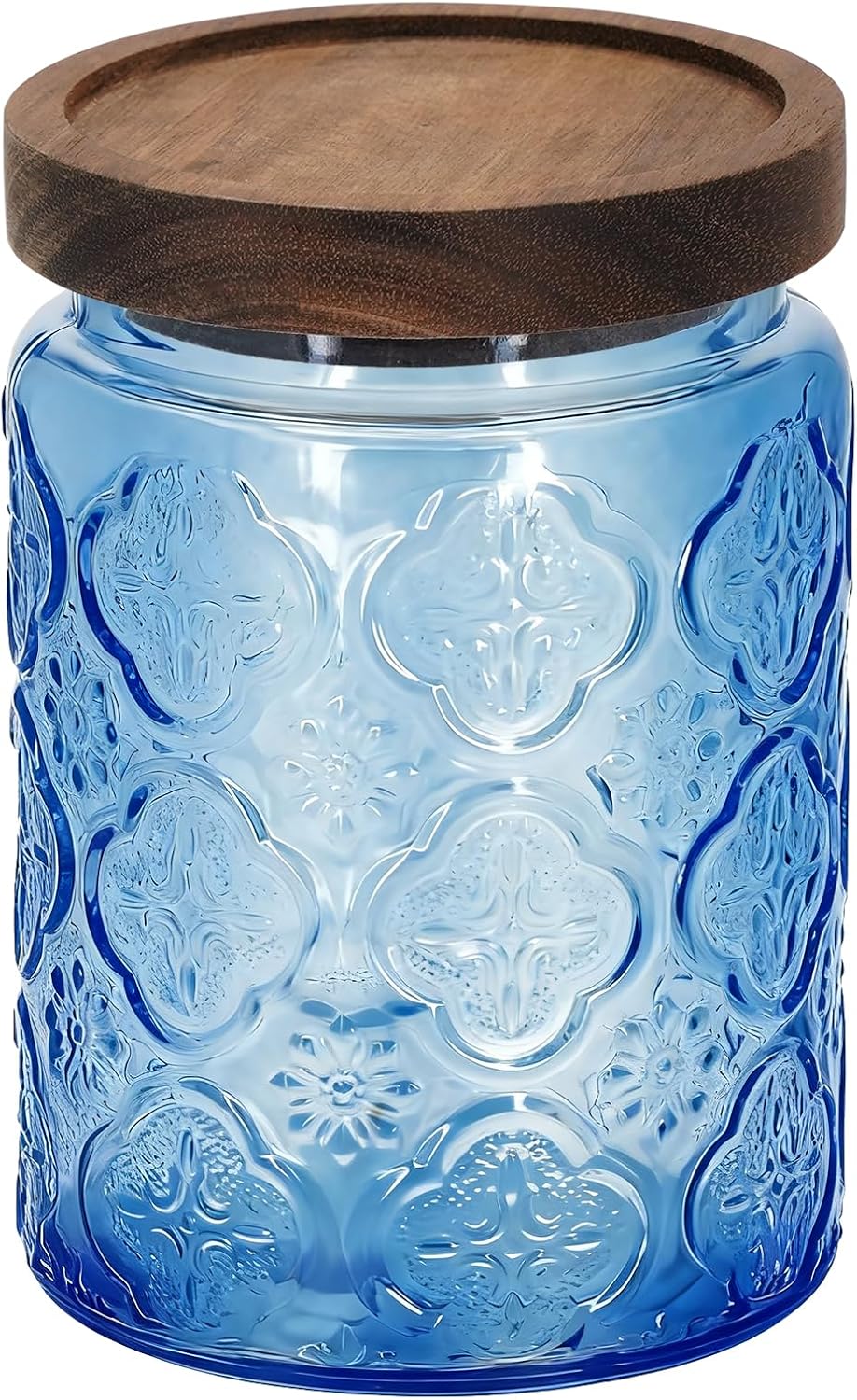 1Pc 24oz Crabapple flower Style Vintage Glass Candy Jar with Solid Wood Lid, Kitchen Storage Canister for Sugar, Coffee, Tea, Cookies, Bath Salt - Decorative Mason Jar (1, Blue, 24oz)
