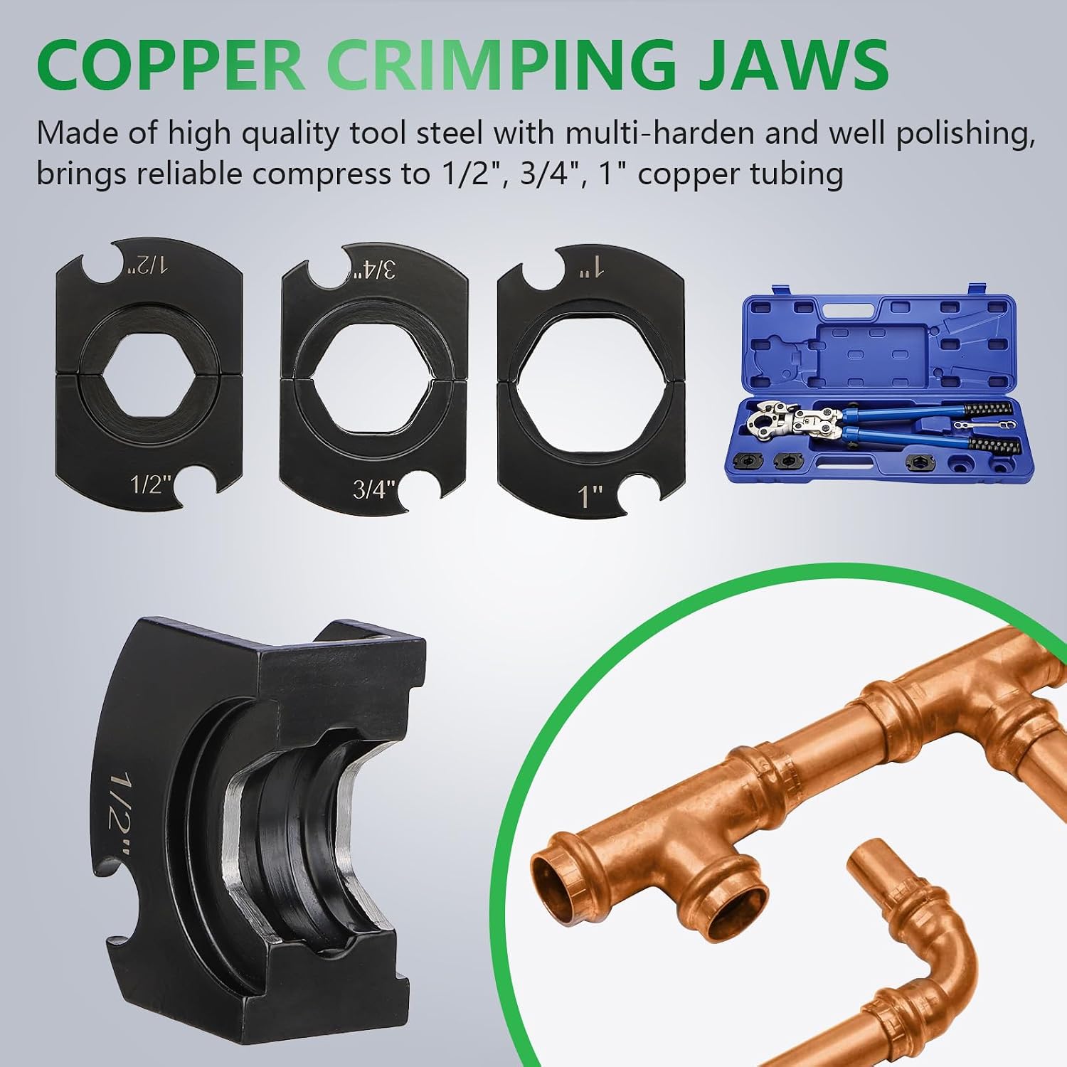 WENGART Manual ProPress Tool Kit for Copper Pipe, V-type 1/2", 3/4" & 1" Dies, 360° Rotating Head Plumbing Crimper with Extendable Handles for HVAC and Copper Fittings