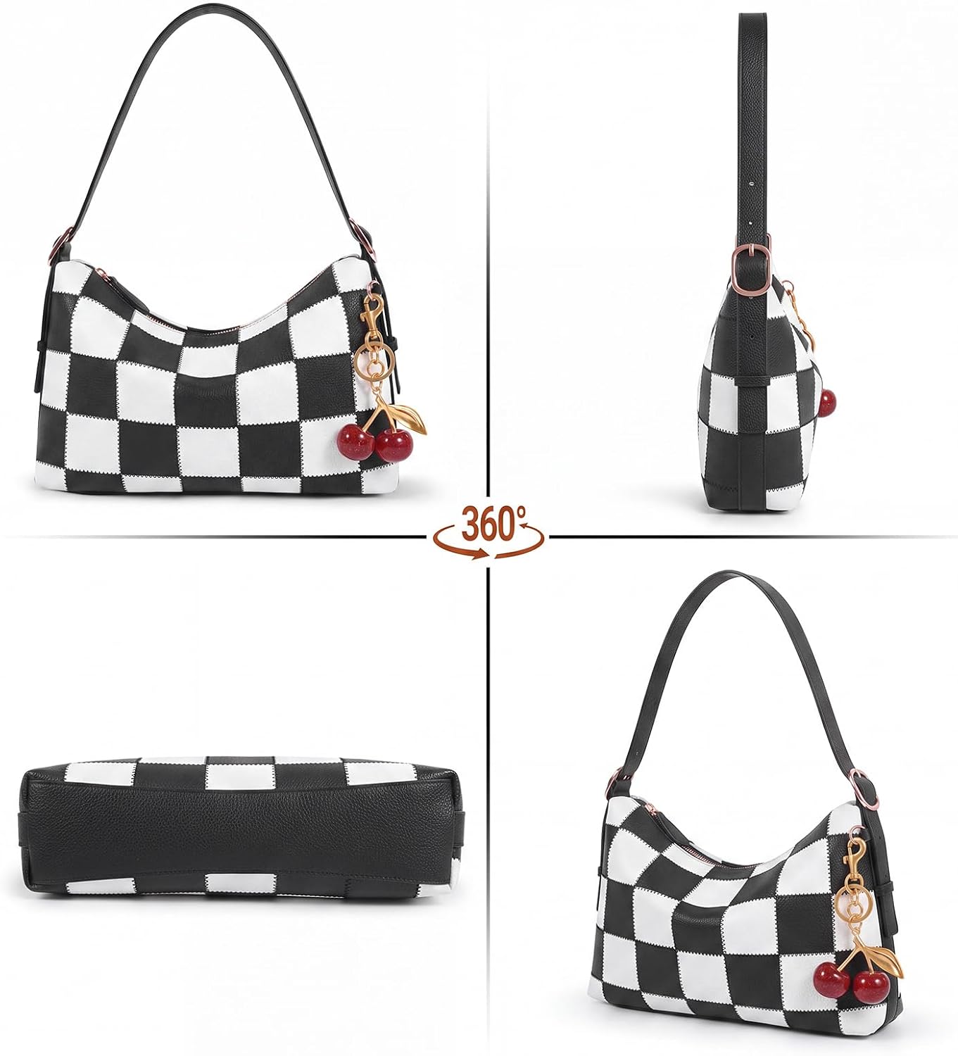Checkered Shoulder Bag for Women Cute Vegan Leather Hobo Cherry Purse