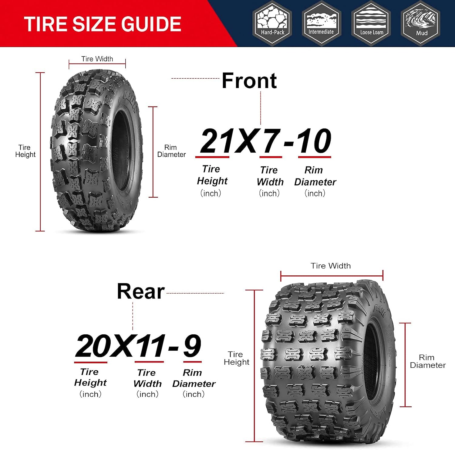 OBOR Advent ATV Tires 21x7-10 Front and 20x11-9 Rear,6 Ply Sport ATV Tires for XC Terrain,Hardpack,Intermediate,Loose Loam,Sand Terrain,Mud Terrain(4 Pack,GNCC Champion Tire)