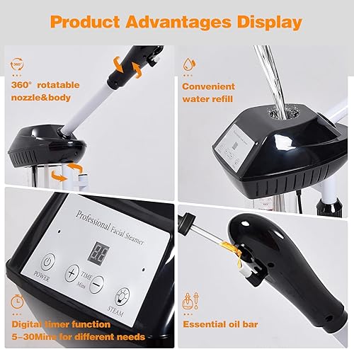 Miniatura 2 de Vaporizador facial profesional sobre ruedas con ajuste de tiempo, vaporizador de esteticistas con más vapor para limpieza profunda e hidratación,