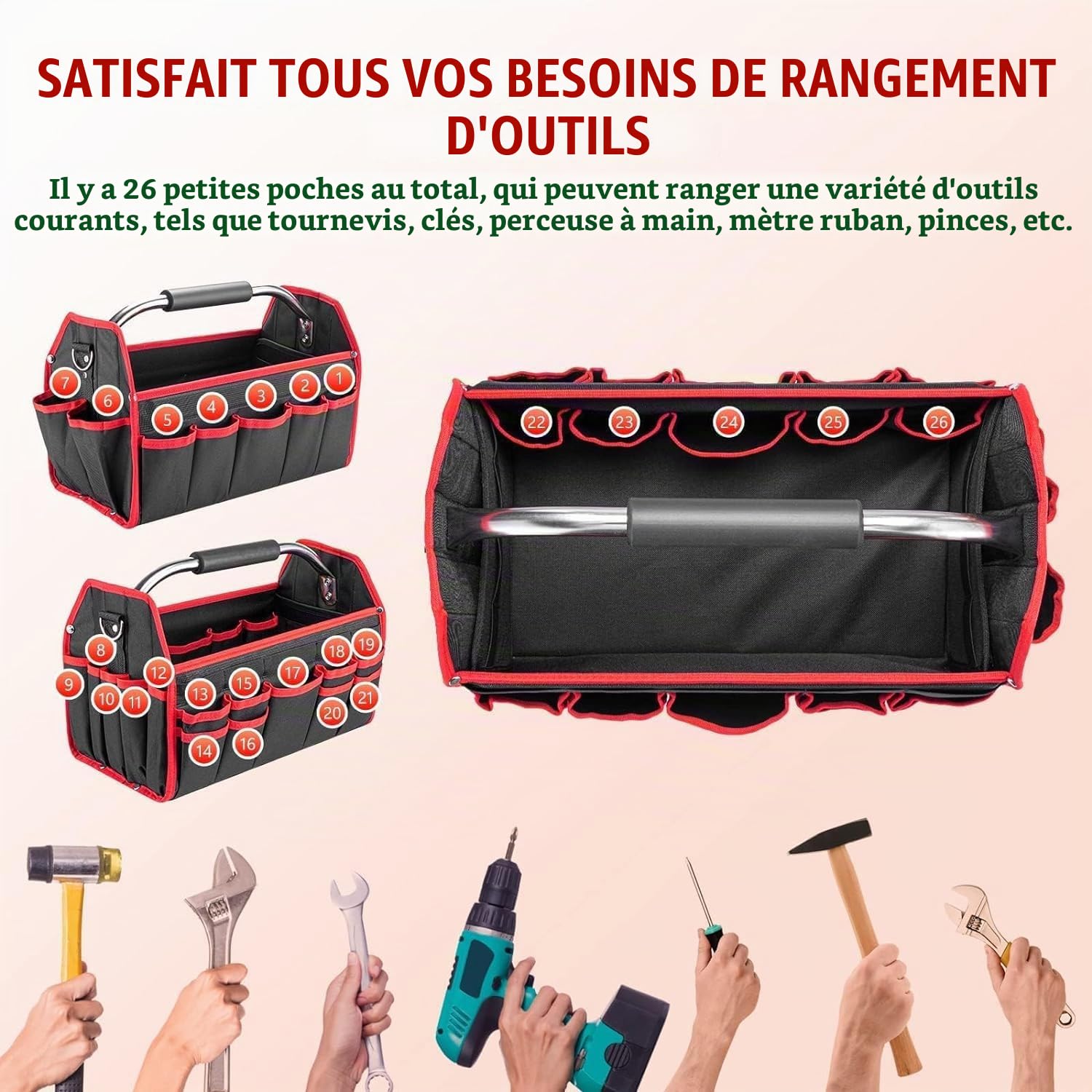Sac à Outils Professionnel, Sacoche Outils Grand, Caisse à Outil Vide Étanche, Sac à Outils avec Bandoulière Réglable et Poignée de Transport, pour Usage Domestique, Électriciens