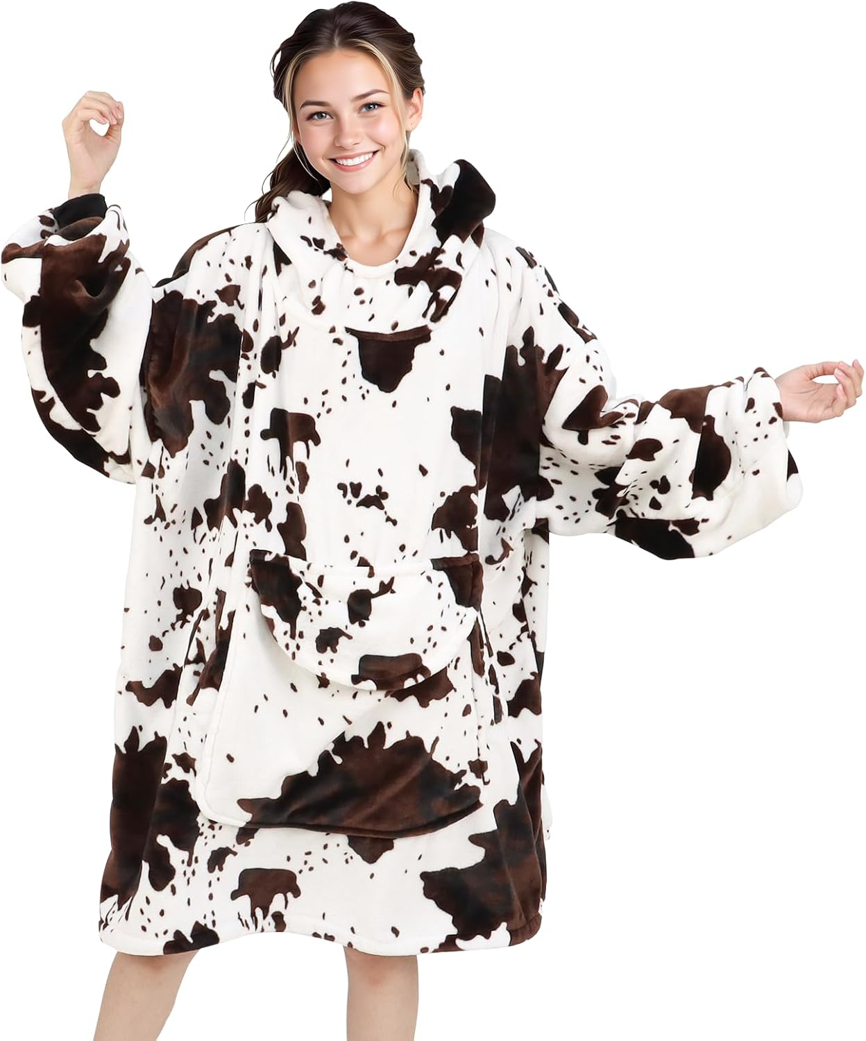 KIVEE Wearable Blanket Hoodie Cow Print Oversized Fleece Sweatshirt Blanket with Giant Pocket Warm Cozy Hooded Blanket for Adult Cow Gifts for Women Men