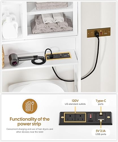 Miniatura 6 de Armario de almacenamiento sobre el inodoro con panel de puerta de acrílico y cajón de toallas de papel, estante de bambú para ahorrar espacio,