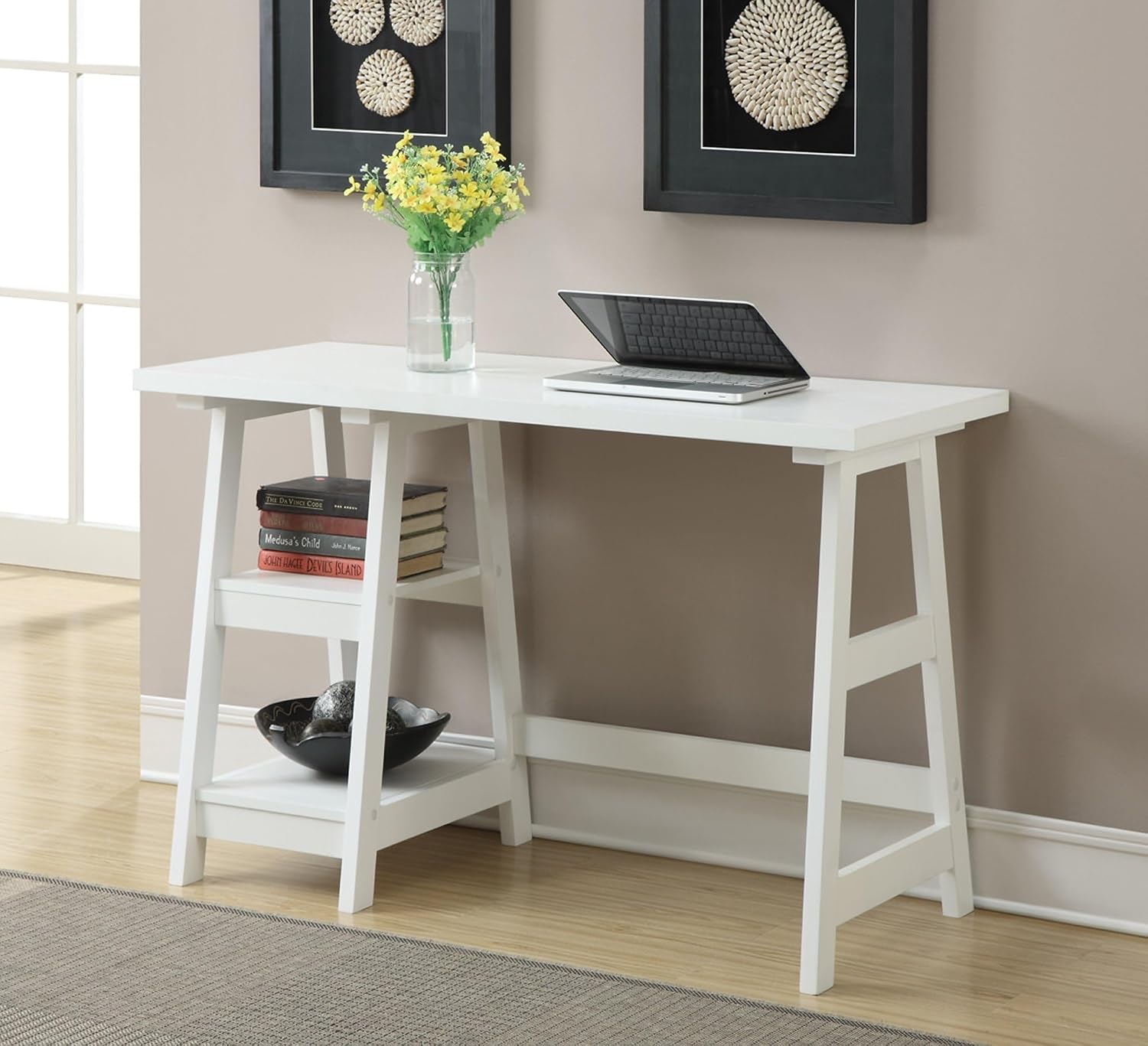 Convenience Concepts Designs2Go Trestle Desk with Shelves, White