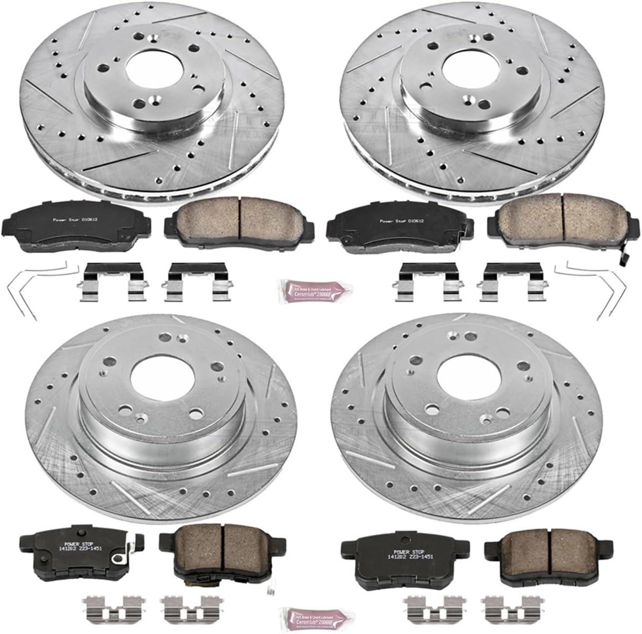 PowerStop Front and Rear Brake Kit For Acura TSX 2011-14 | Honda Accord 2011-12 - Drilled and Slotted Disc Rotors with Ceramic Brake Pads Replacement, K5391
