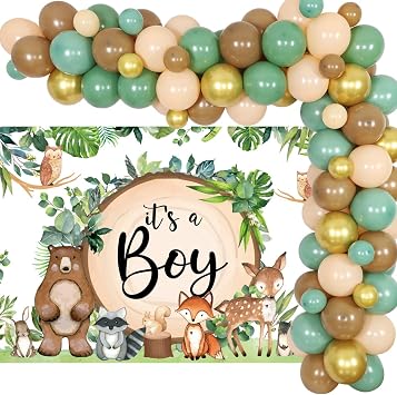 Cheereveal Woodland Baby Shower Decorations for Boy, Woodland Animal Backdrop Balloon Garland Arch Kit, Woodland Creatures Baby Shower Birthday Gender Neutral Party Supplies