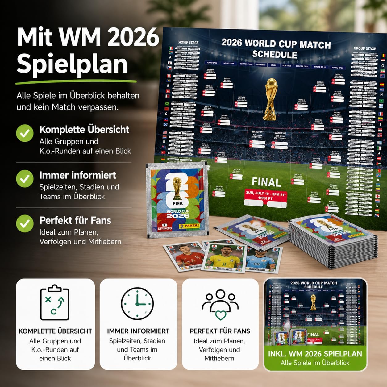 Panini WM 2026 Adhesivos y Plan de Partidos Set - para el Mundial de Fútbol 2026 - Tarjetas de fútbol para coleccionar incl. plan de partidos (25 bolsas / 175 sobres de pegatinas)