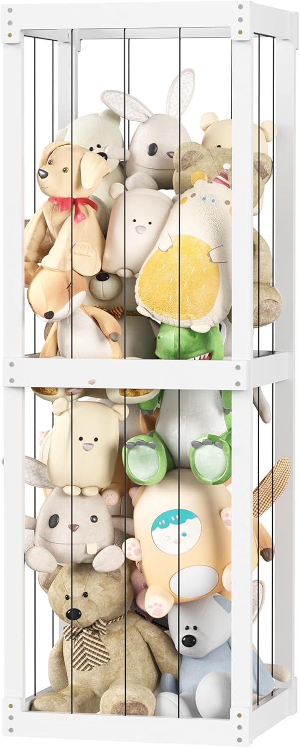 Stuffed Animal Zoo Storage, Large Toy Organizer with Elastic Band, Wood Toys Holder for Toddler Baby Girls Boys, Space Save Shelf for Nursery Playroom Bedroom Decor Corner Doll Box, White