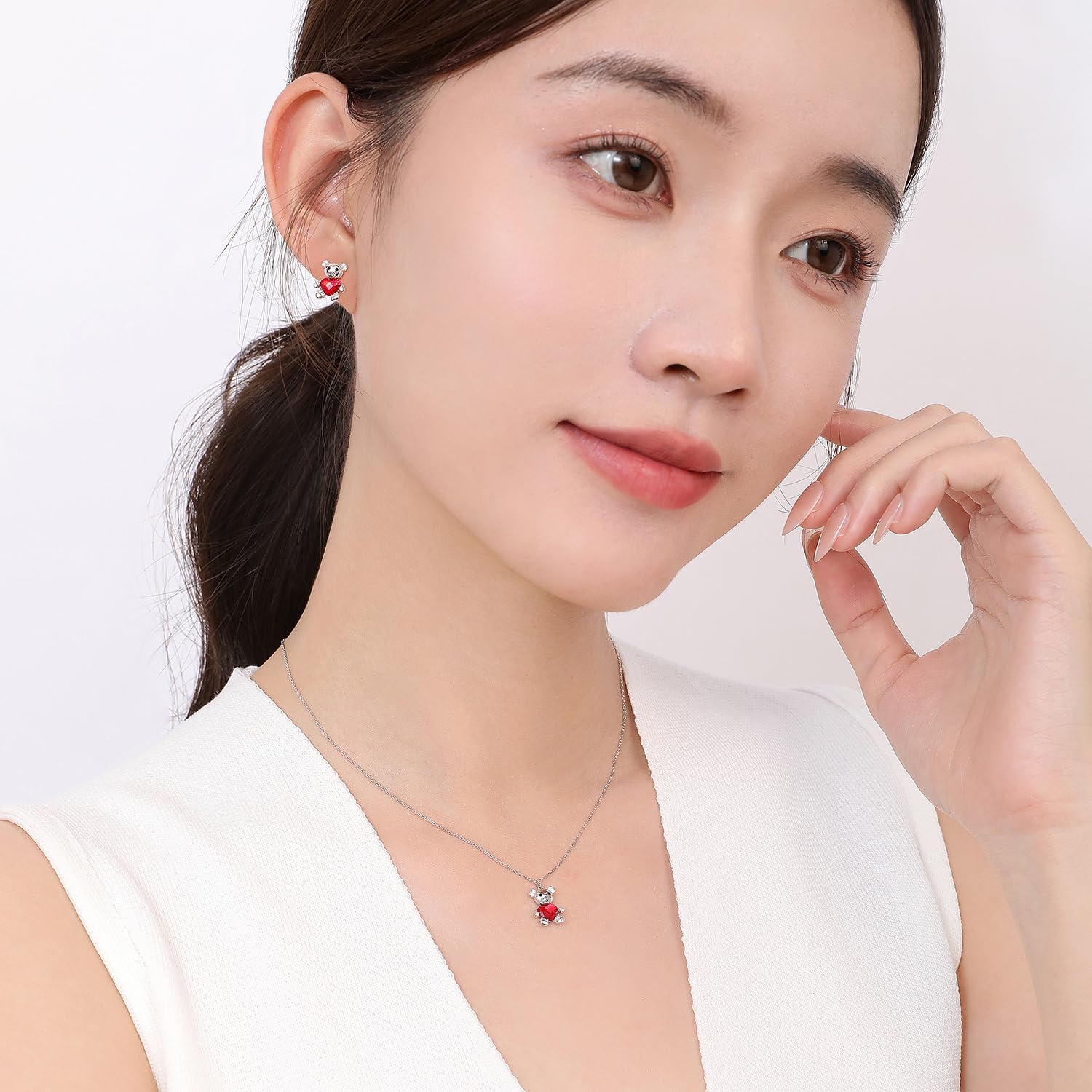 Meissa Silver Jewelry Sets for Women Girls Cute Bear Earrings Necklace Set Red Stone Necklace Heart Bear Shape Earrings Sterling Silver Handmade Jewelry Trendy