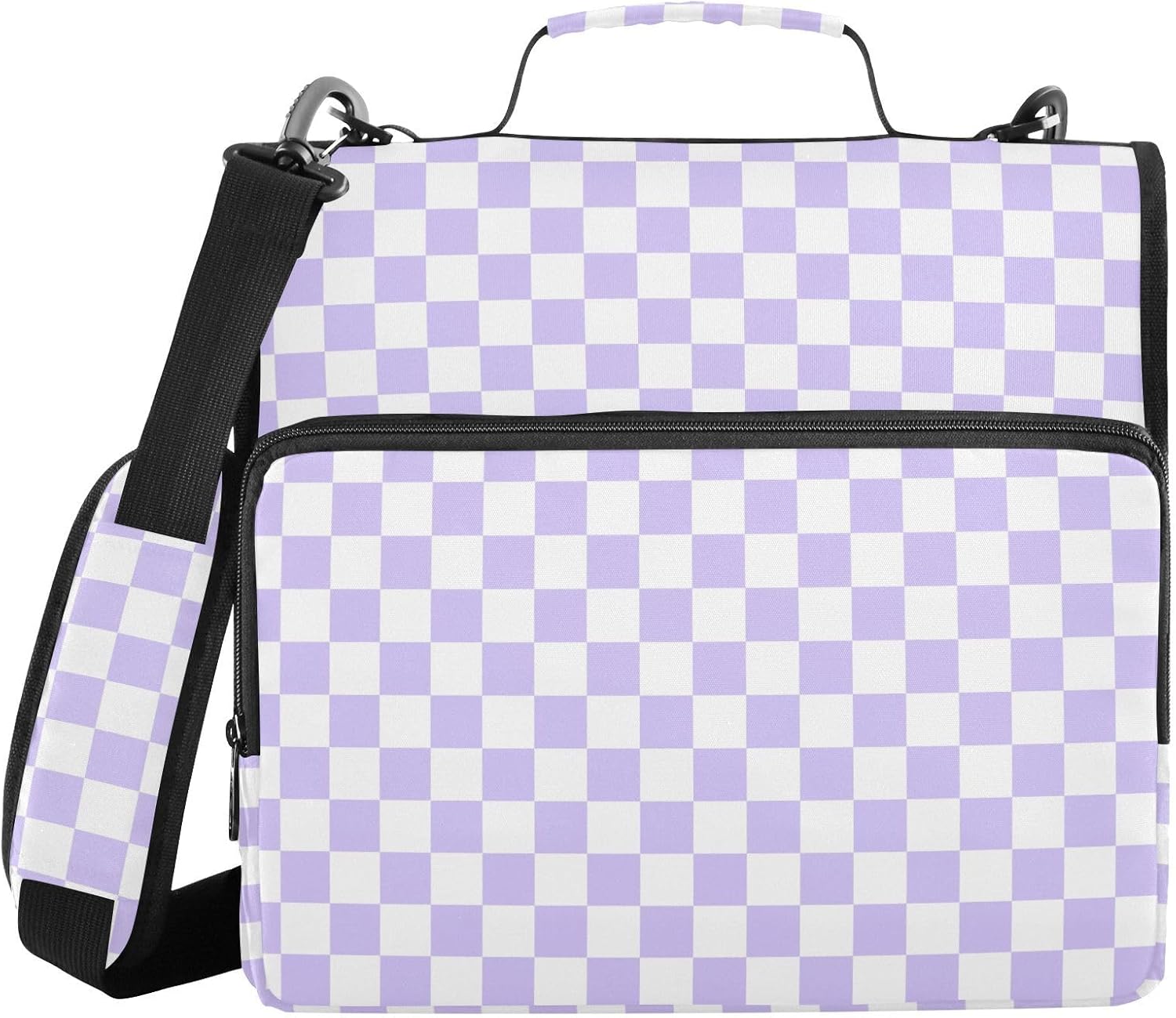 Lavender Purple White Checkered Binder Bag 3 Ring Zipper Binders with Shoulder Strap for School Office Organizer Storage