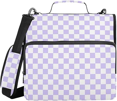 Lavender Purple White Checkered Binder Bag 3 Ring Zipper Binders with Shoulder Strap for School Office Organizer Storage