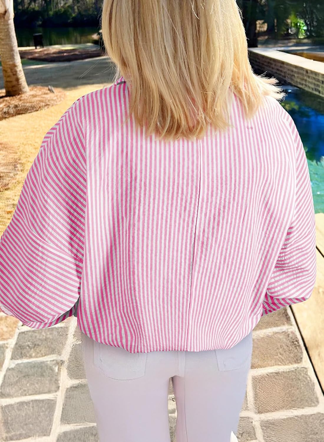 Astylish Women's V Neck Striped Shirt Trendy Long Sleeve Dressy Blouse Collared Henley Work Tops - Image 3