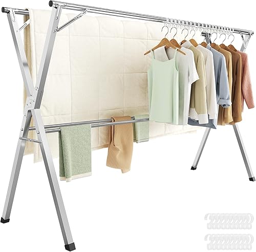 SONGMICS Tendedero de secado de ropa resistente, 52.4-78.7 pulgadas extensible, plegable independiente, acero inoxidable, para uso en interiores y