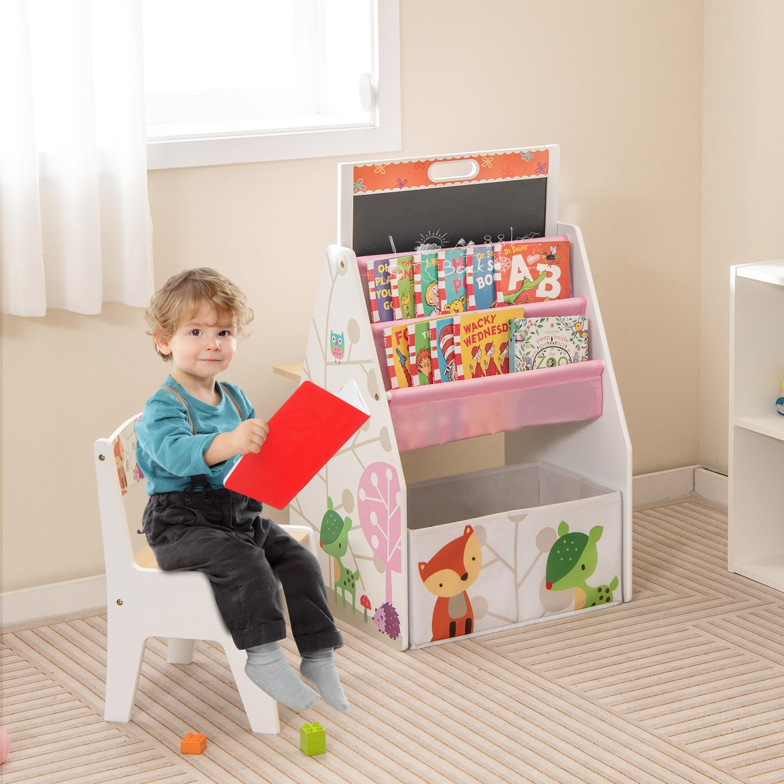 COSTWAY Cavalletto per Bambini Doppio Lato, Set Tavolo e Sedia per Bambini con Lavagna Magnetica e Lavagna Bianca, Contenitore in Tessuto e Libreria(Bianco)
