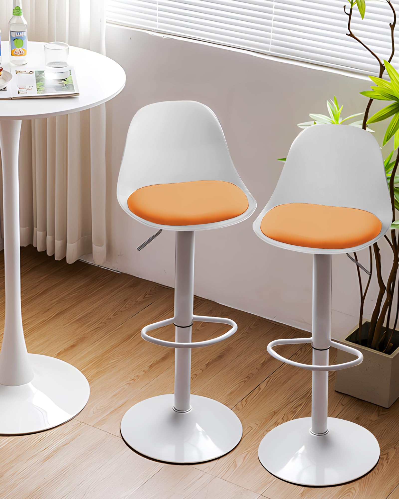 Bar Stools Set of 2 Modern Swivel Bar Chairs, Adjustable Barstools Counter Height with High Backrest, Easy 3-5 Minute Assembly for Bar, Kitchen, Dining Room Orange (White-2)