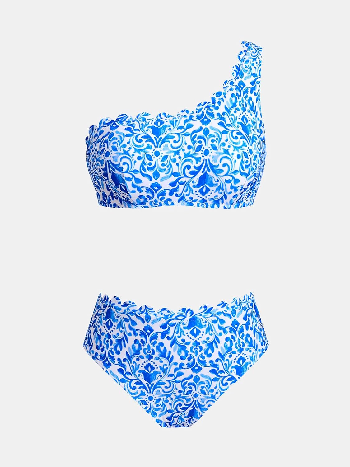 CUPSHE Women's Bikini Sets Asymmetric Neck Bathing Suit Back Hook | Detachable Shoulder Strap, Removable Soft Cups, Adjustable Straps, Scalloped Trim, One Shoulder, Moderate Coverage, For Beach