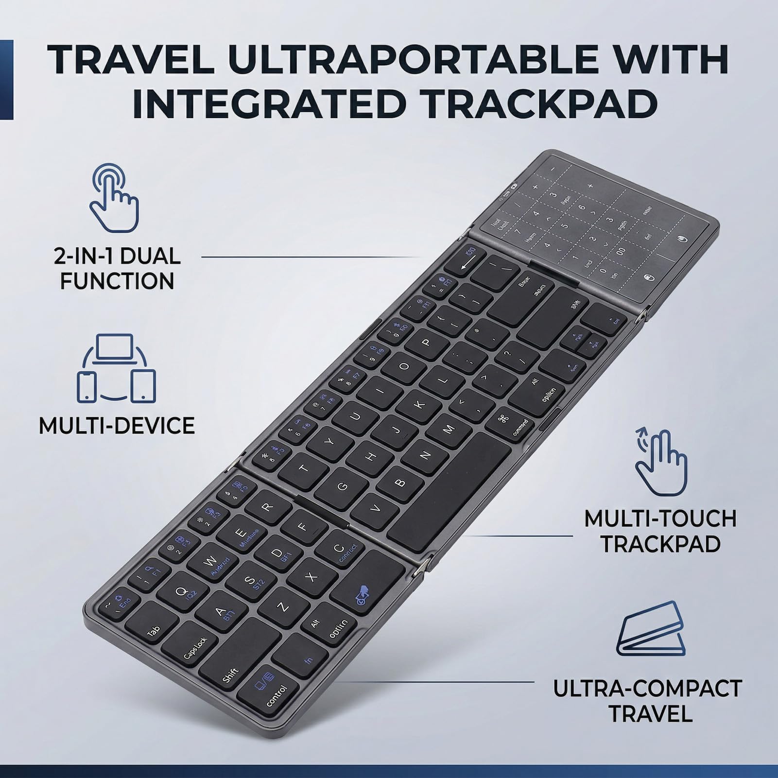 VBESTLIFE Tastiera Pieghevole, Tastiera Portatile Wireless Bluetooth 5.3 con Trackpad Multitouch e Tastierino Numerico, per Smartphone Tablet Laptop PC