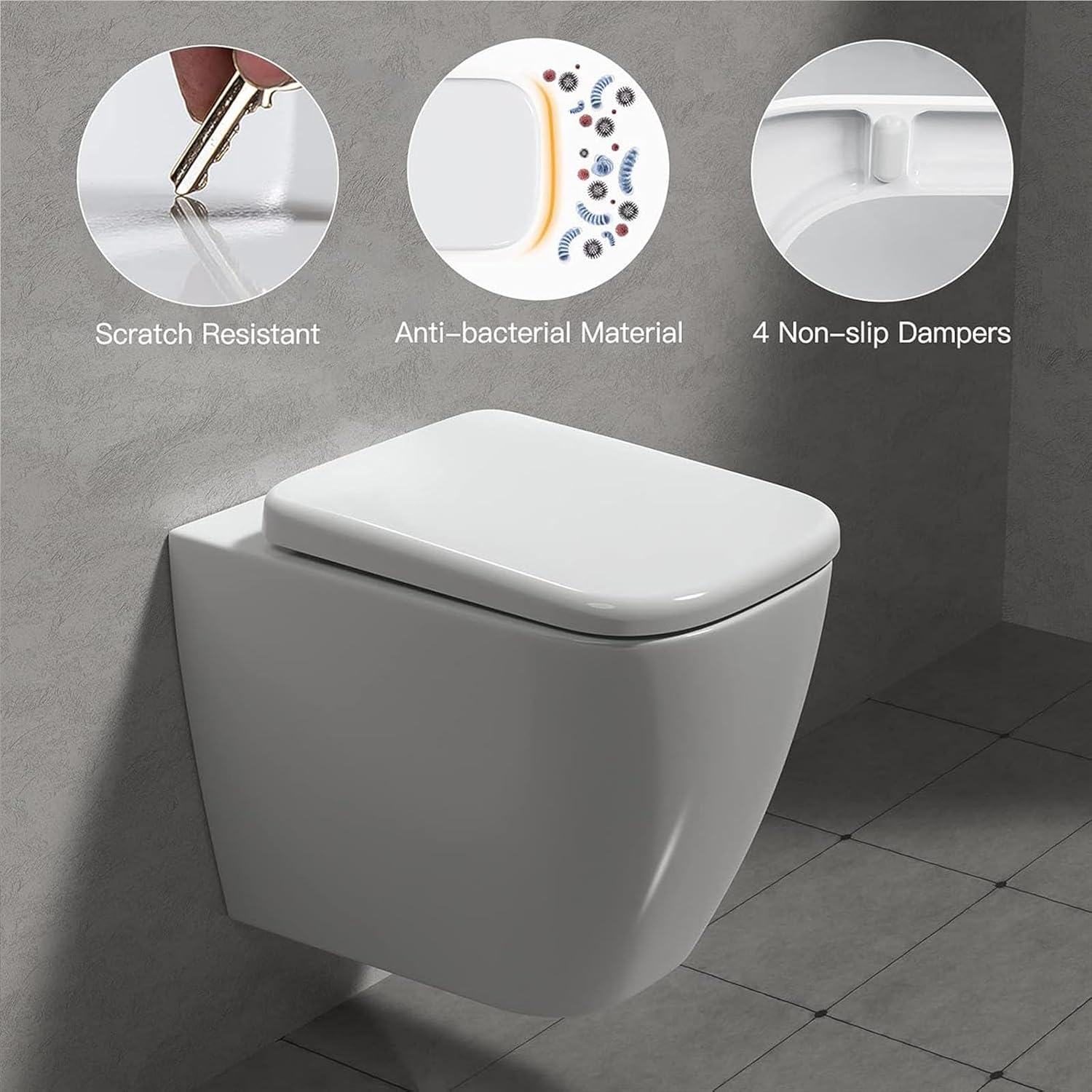 Square Toilet Seat with Slow Close Mechanism and 360° Adjustable Metal Hinge - Easy Installation and Cleaning, Quiet-Close Lid and Seat, White