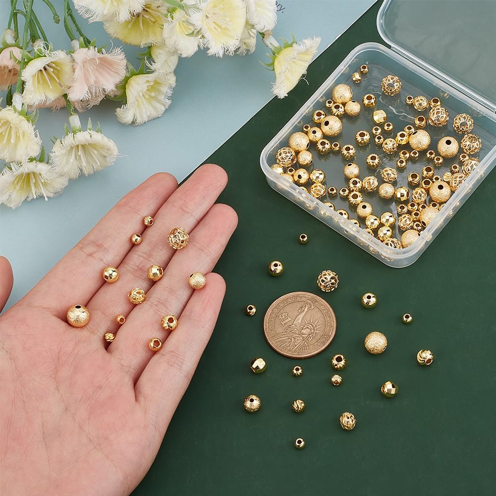 PH PandaHall 120pcs 18K Gold Plated Beads 12 Styles Metal Spacer Beads Round Spacer Beads Faceted Round Beads Hollow Round Spacer Beads for Jewelry Making Bracelet Necklace DIY Beading Craft, Small - Image 6