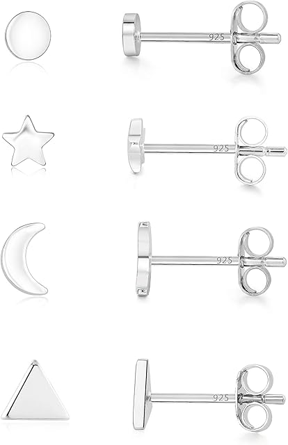 4 Pairs sterling silver Stud Earrings Cute Earrings sets for Women Star Moon Ball Heart Clear Studs earrings for Teens Girls