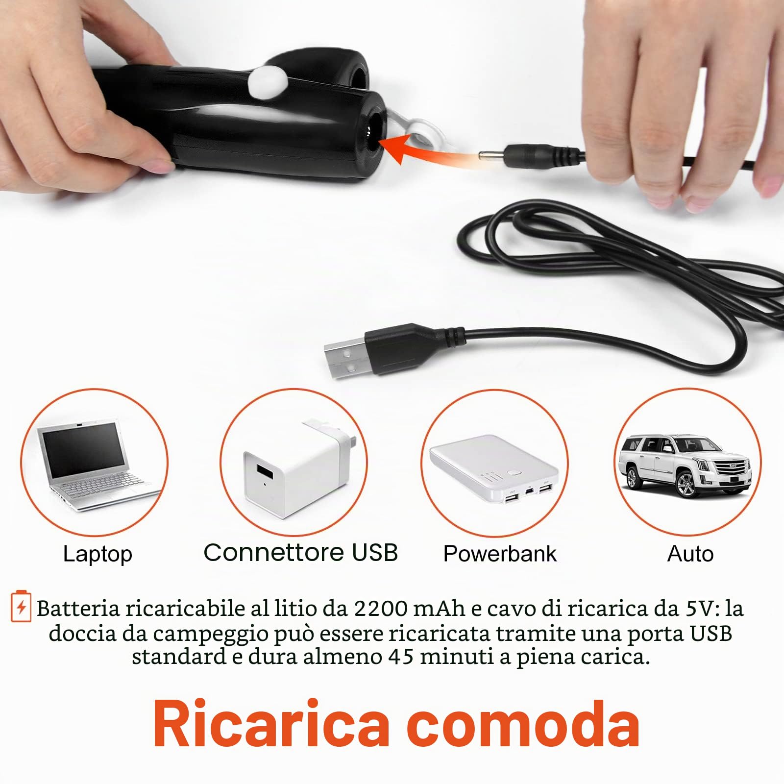 Aufun Doccia da Campeggio all'Aperto con Doccia a Mano, Batteria Ricaricabile da 2200mAh incorporata, Cavo di Ricarica USB, a Acqua per Campeggio, Escursione, Viaggio, Giardino, Spiaggia