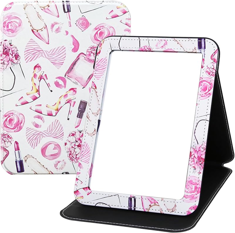 Espelho de maquiagem dobrável GLINTZ em PU, com suporte ajustável, retangular, 20,07 x 16,51 cm, para mesa e viagem