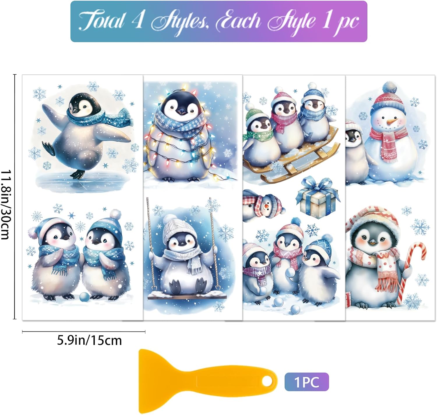 GLOBLELAND 4 Sheets Christmas Winter Penguins Furniture Transfers Stickers 6x12inch Snowman Rub on Transfer UV Self-Adhesive Stickers Wall Art Craft for Bedroom Living Room Table Decoration
