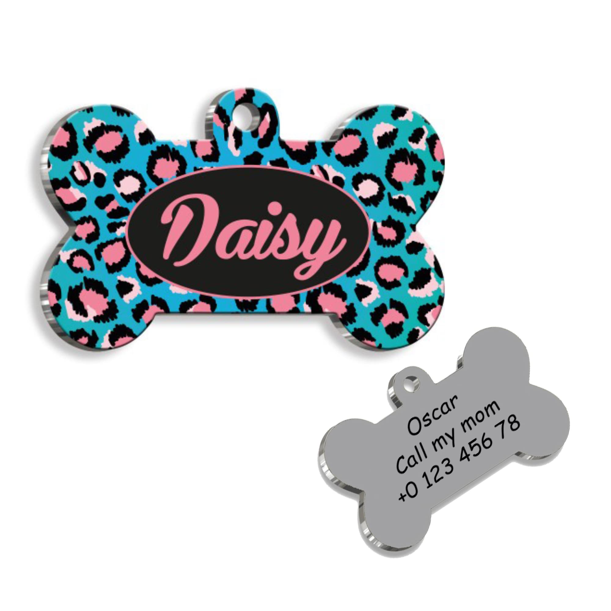 Leopard Pink Blue Bone Personalized Dog Tag - Custom Name Tag - ID Tag for Dog & Cat - Customized Pet Tags - Dog Name Tag - Cat Name Tag - Engraved Dog Tag
