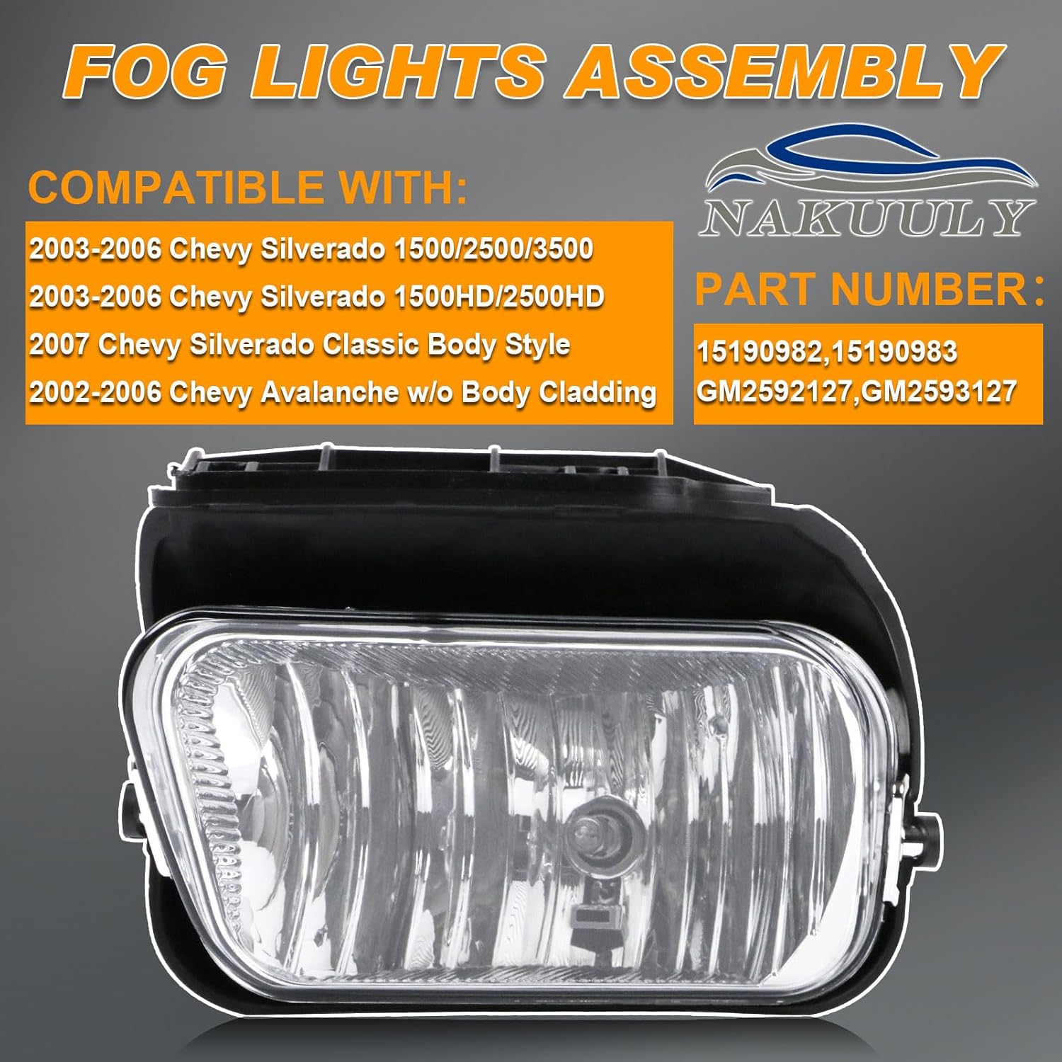 Nakuuly Fog Lights Compatible With 2003-2006 Chevy Silverado 1500 2500 3500 1500HD 2500HD 2007 Classic 02-06 Avalanche Driver and Passenger Side Fog Bumper Lamp Assembly with Bulbs Clear Lens