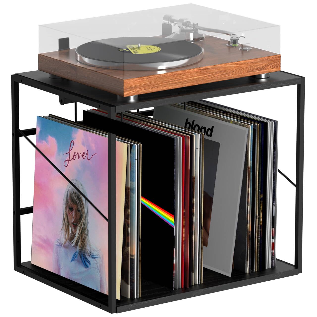 Alytree Vinyl Record Storage Holder for 80-100LPs, Vinyl Record Stand Wall Mount with Movable Divider, Solid Record Display Crate & Organizer for Albums, Magazine, Book, File, Black