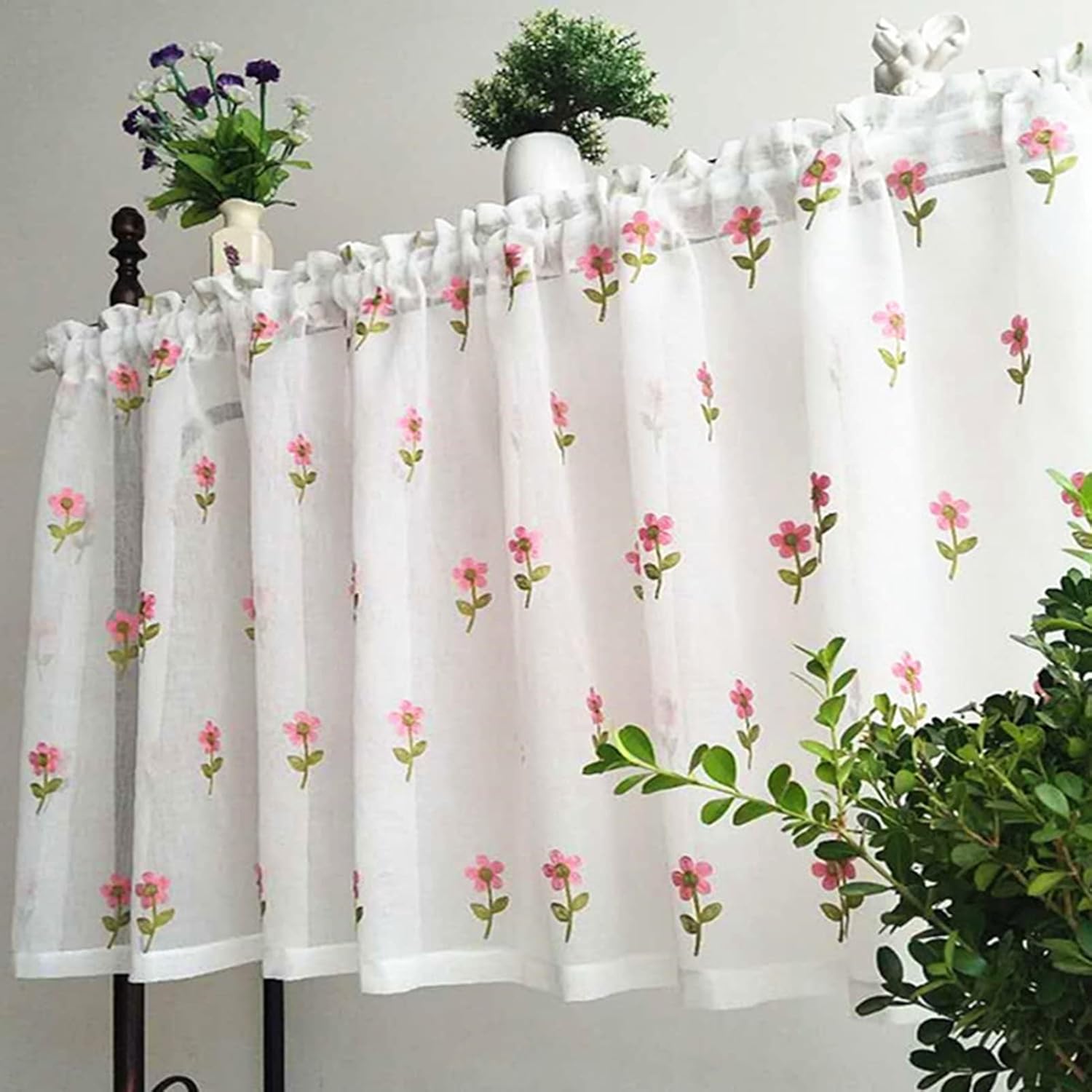 Kitchen Curtains, Linen Yarn Short Curtains, Valance Tier Curtains, White Background Embroidery and Floral Patterns on, Very for Living Room/Bedroom (Size : W200xH100cm/79x39in)