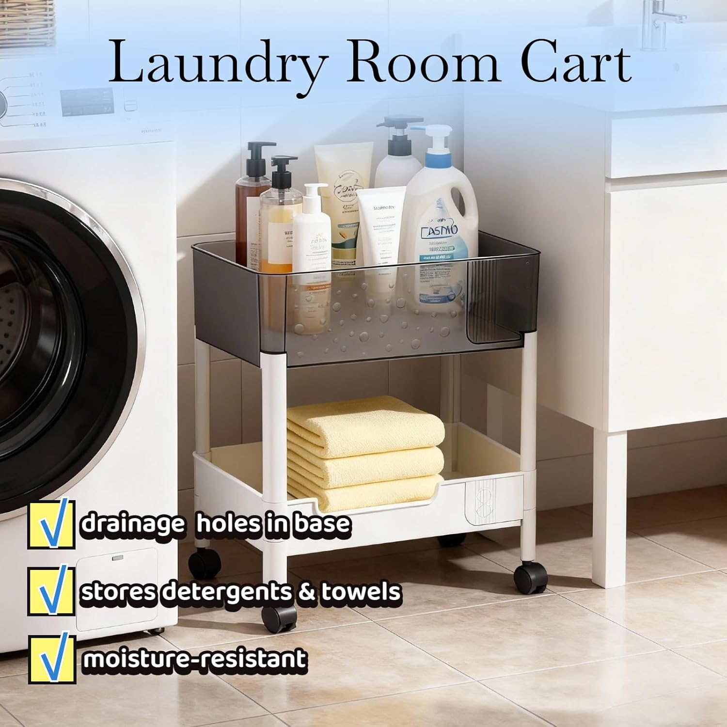 2 Tier Rolling Cart with Wheels for Under Desk Storage, Heavy Duty Plastic Short Small Utility Cart for Small Space Makeup Vanity Bathroom Laundry, 4.7'' Deep Baskets for Tall Bottles