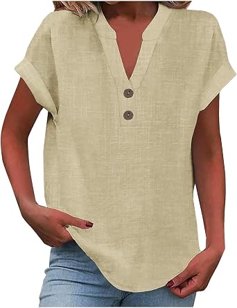 Linen Shirt Womens Cotton Linen Tops Button V Neck Tunic Shirts Summer Fashion Outfit Casual Dressy Short Sleeve Blouses