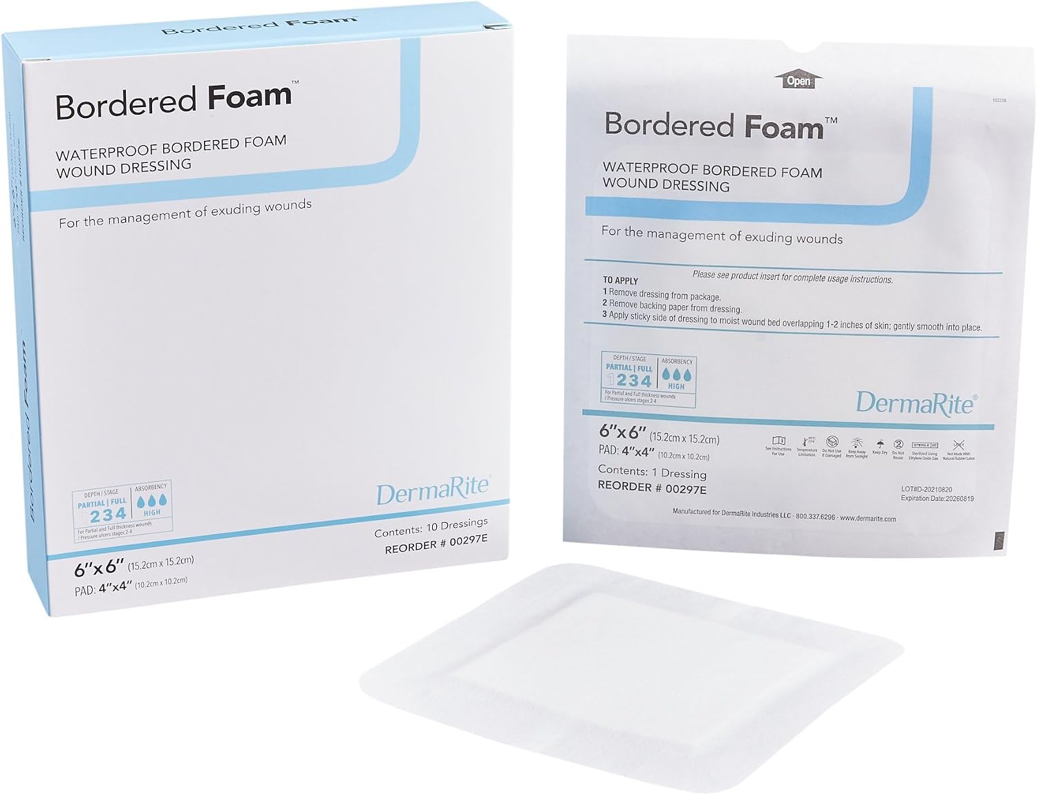 DermaRite's BorderedFoam - Waterproof Bordered Foam Island Dressing for Advanced Wound Care, Highly Absorbent - 6 in. x 6 in., 1 Count, 10 Packs, 10 Total