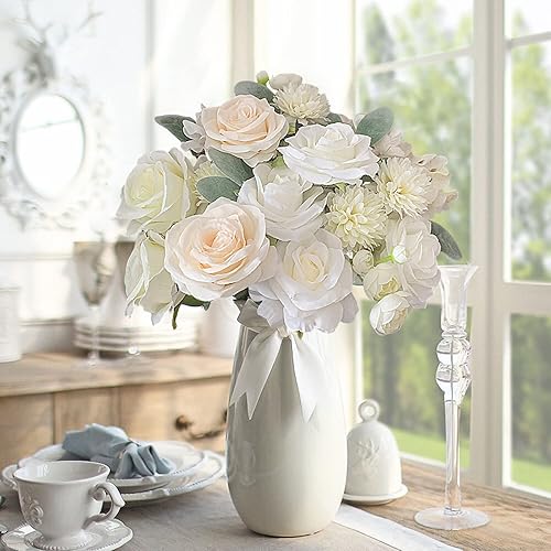 Vista 166 de White Rose Artificial Flowers Fake Flower Bulk with Stems for DIY Wedding Bouquet Bridal Baby Shower Centerpiece Table Decorations Silk Faux Floral