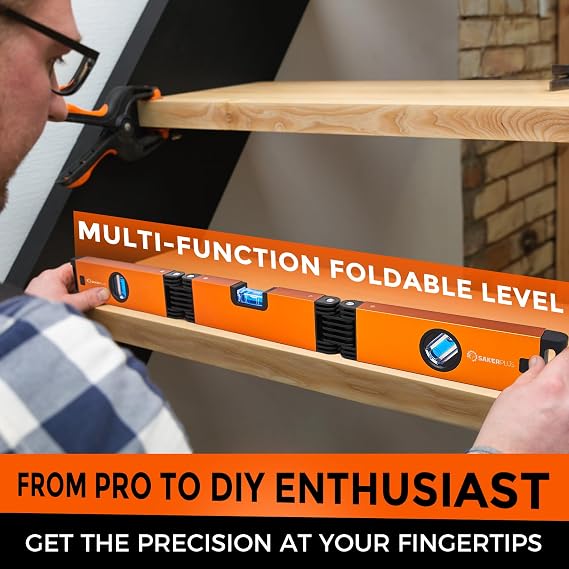 SakerPlus Multi-Function Folding Level, 24 Level Tool, Multi-Angle Measurement (45/90/180), High-Precision Aluminum Profile (0.5mm/m), Perfect for Woodworking, Construction & DIY Gifts