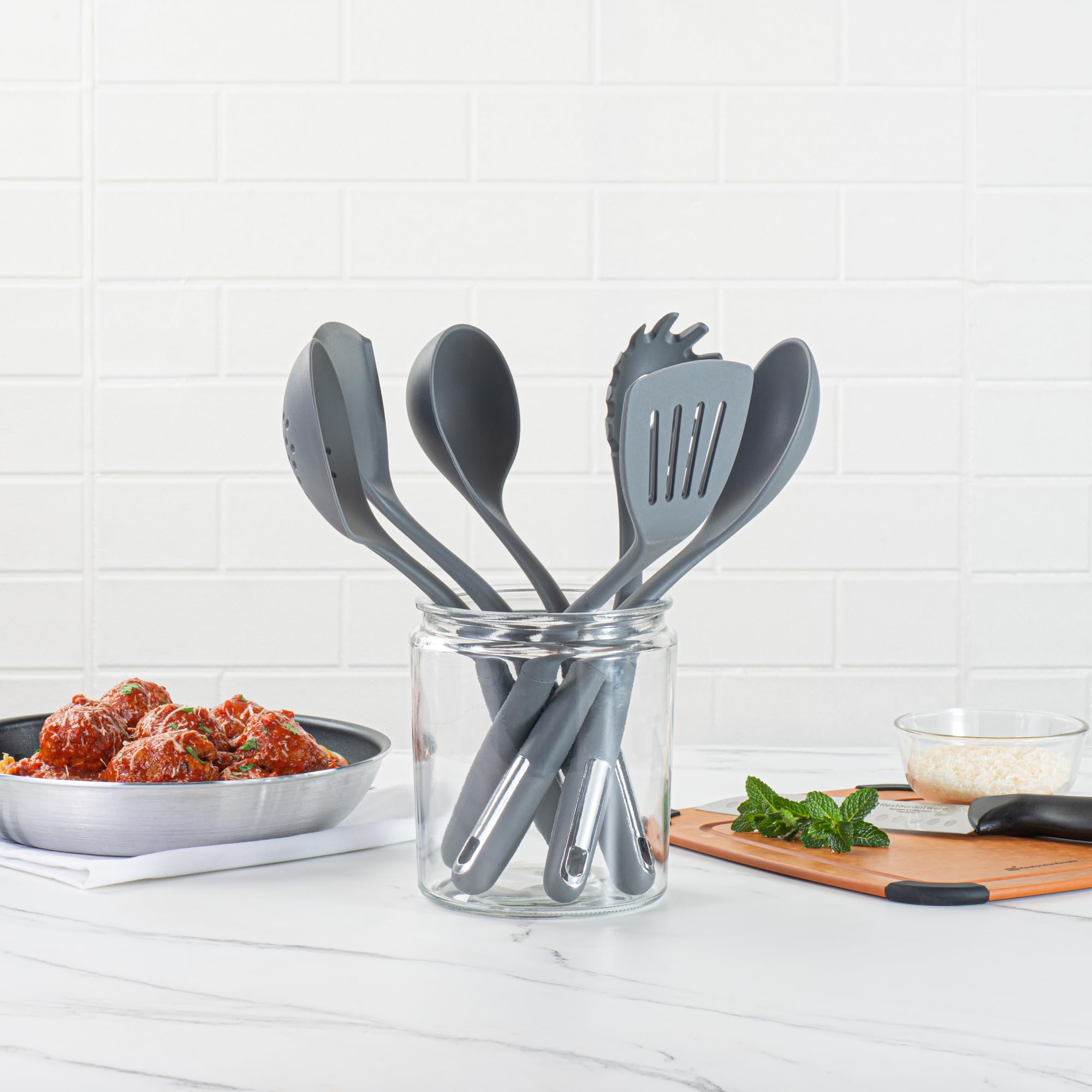 Restaurantware -Met Lux - Juego de utensilios de cocina, 1 juego de utensilios de silicona, 6 piezas por juego, alta tolerancia al calor, utensilios de cocina de silicona gris oscuro, para utensilios