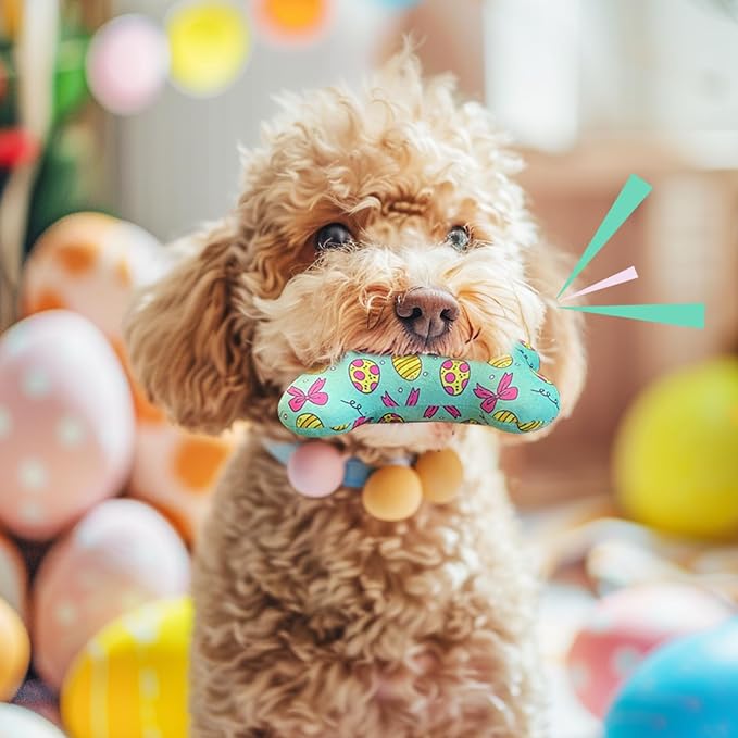 Juguetes para perros de Pascua, 4 huesos de peluche con chirriador miniatura 3