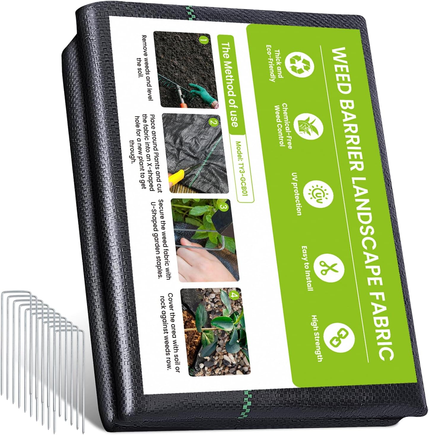 4FT x 100FT Weed Barrier Fabric, 3.2oz Landscape Fabric, Premium Weed Barrier Fabric Heavy Duty with 10 U-Shaped Securing Pegs for Greenhouse Floors, Flower Bed, French Drain, Construction Project