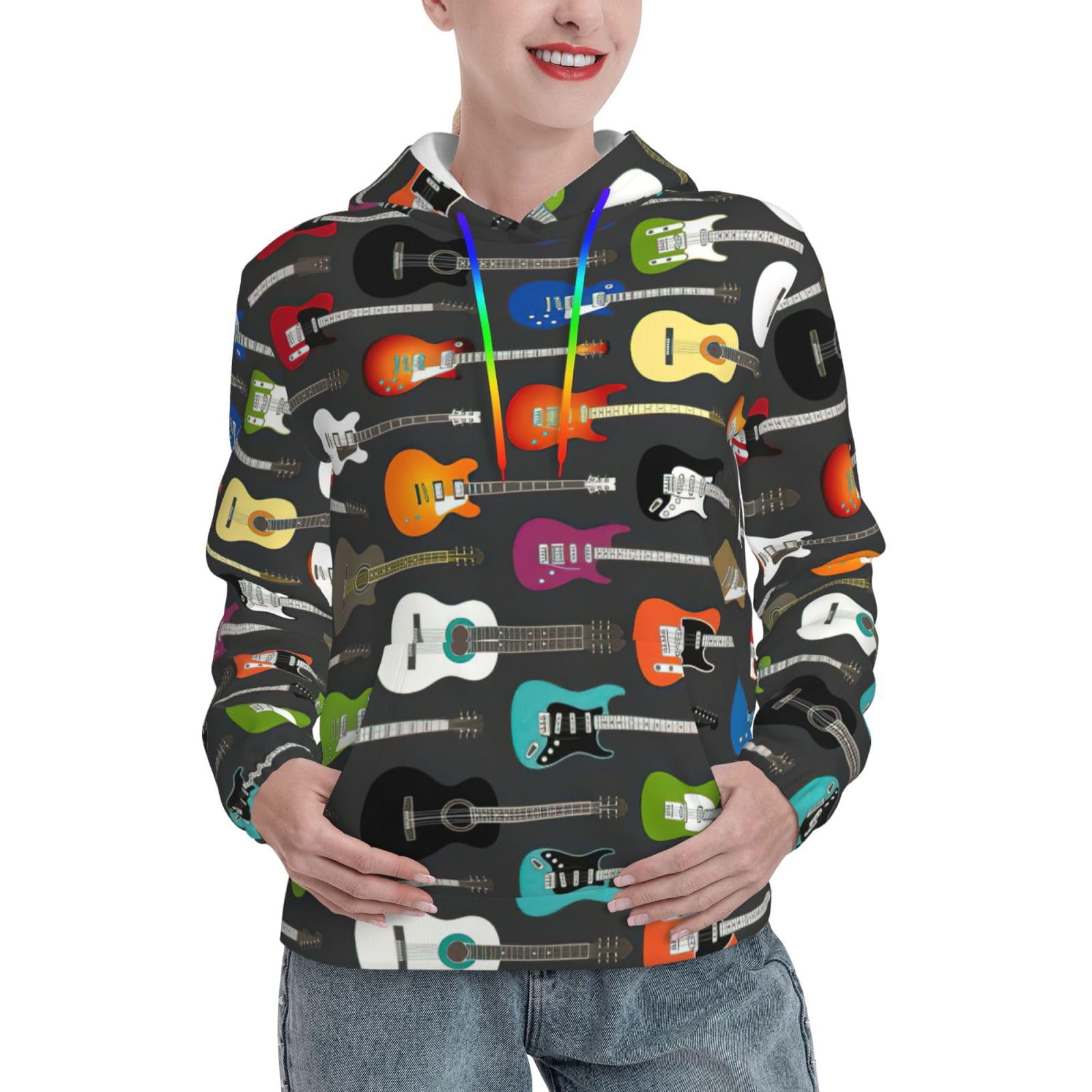 Pull à capuche imprimé guitare femme | Sweat doux extensible avec poche kangourou - 8